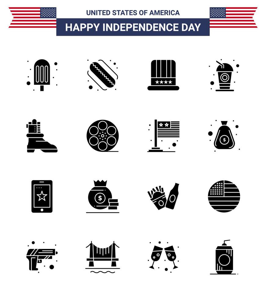 Set of 16 Vector Solid Glyphs on 4th July USA Independence Day such as movis boot american shose drink Editable USA Day Vector Design Elements