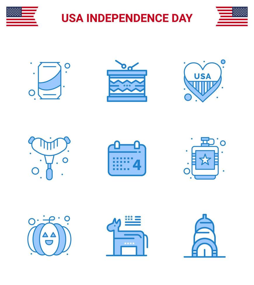 Group of 9 Blues Set for Independence day of United States of America such as day sausage st frankfurter usa Editable USA Day Vector Design Elements