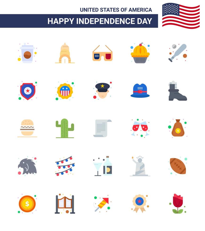 Pack of 25 USA Independence Day Celebration Flats Signs and 4th July Symbols such as hardball baseball glasses cake muffin Editable USA Day Vector Design Elements