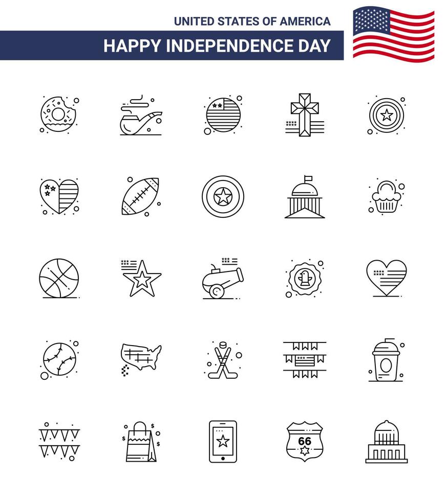 Set of 25 Vector Lines on 4th July USA Independence Day such as country sign flag star church Editable USA Day Vector Design Elements