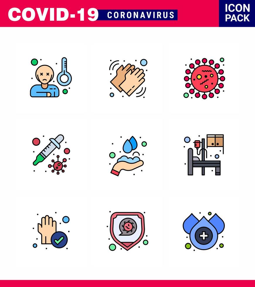 9 Filled Line Flat Color Coronavirus disease and prevention vector icon virus petri care dropper virus viral coronavirus 2019nov disease Vector Design Elements