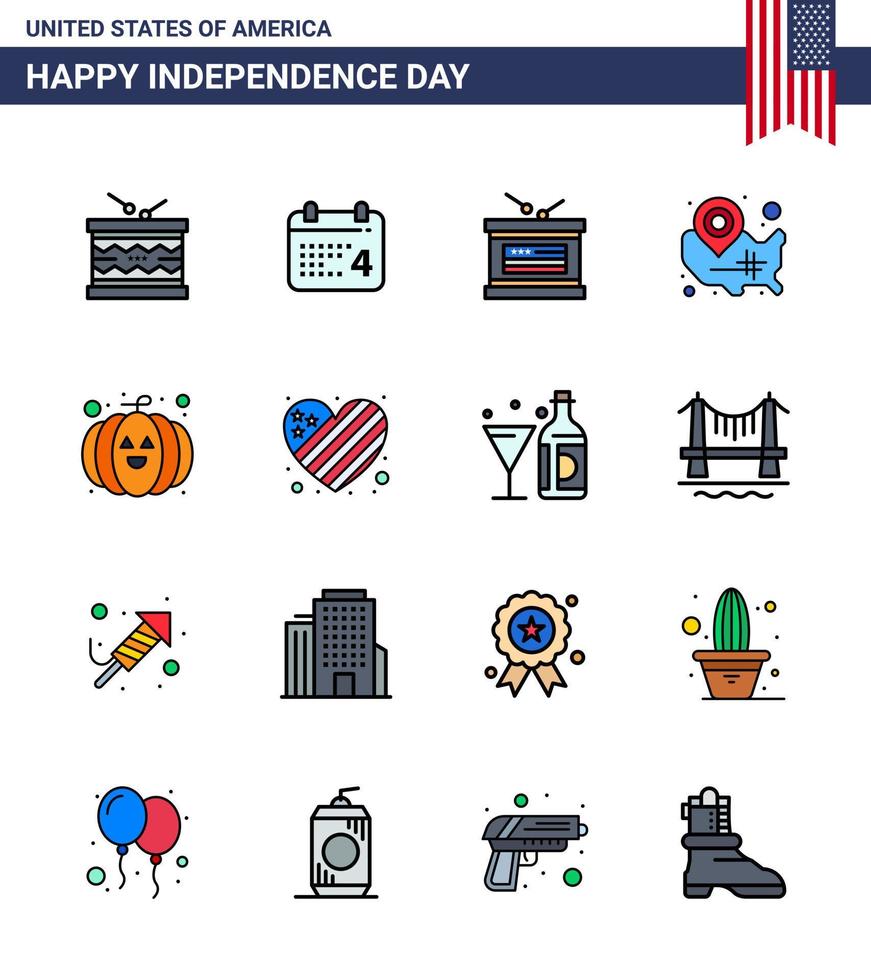 16 señales de línea llenas planas para el pin de ubicación del día de la independencia de EE. UU. Día de la independencia de los estados americanos de EE. UU. vector