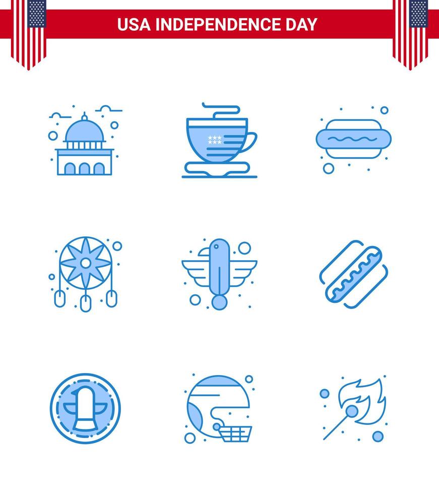 Group of 9 Blues Set for Independence day of United States of America such as animal western hot dog dream catcher adornment Editable USA Day Vector Design Elements