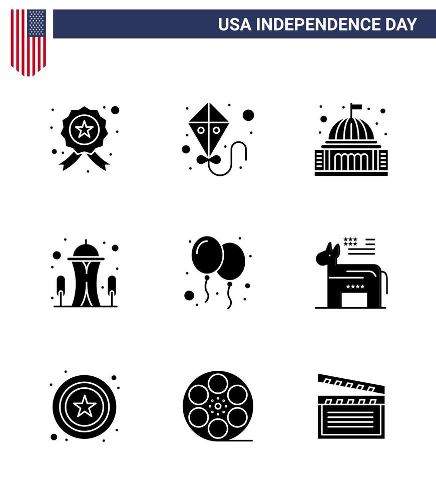 Pack of 9 USA Independence Day Celebration Solid Glyphs Signs and 4th July Symbols such as celebrate space building needle building Editable USA Day Vector Design Elements