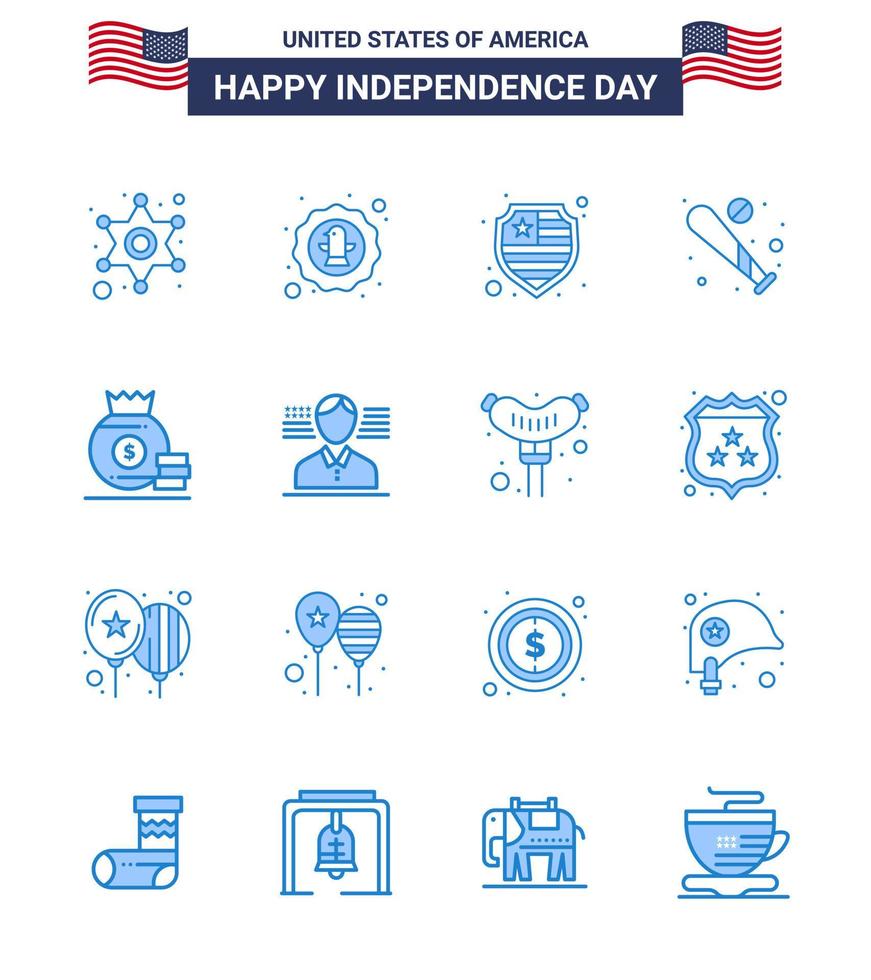 Blue Pack of 16 USA Independence Day Symbols of dollar sports badge bat ball Editable USA Day Vector Design Elements
