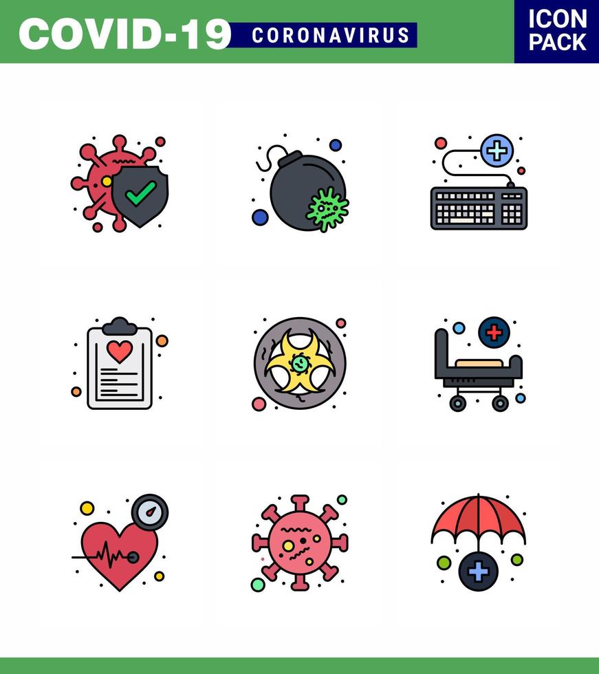 9 Filled Line Flat Color coronavirus epidemic icon pack suck as bio list keyboard healthcare check list viral coronavirus 2019nov disease Vector Design Elements