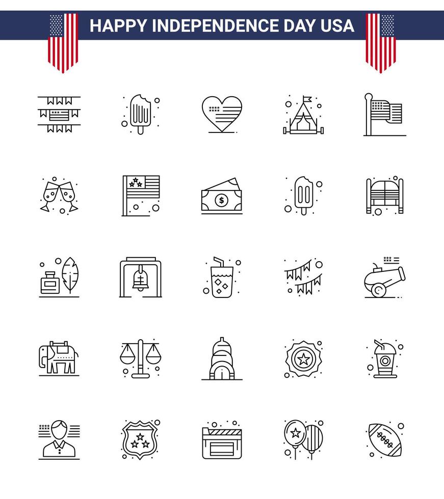 paquete grande de 25 estados unidos feliz día de la independencia líneas vectoriales de estados unidos y símbolos editables de la bandera de estados unidos amor campamento americano elementos de diseño vectorial editables del día de estados unidos vector