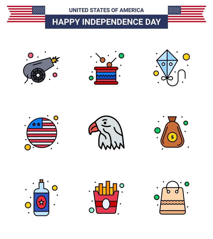 feliz día de la independencia 9 líneas planas rellenas paquete de iconos para web e imprimir águila animal independencia bandera internacional país editable día de estados unidos elementos de diseño vectorial vector