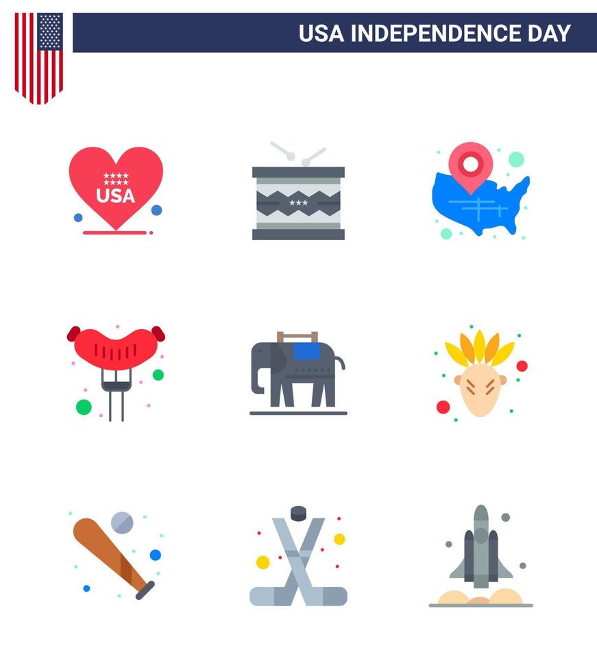 9 USA Flat Pack of Independence Day Signs and Symbols of elephent frankfurter st food wisconsin Editable USA Day Vector Design Elements