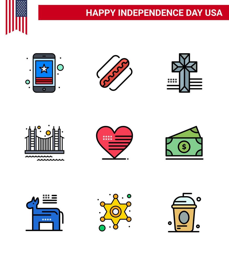 4th July USA Happy Independence Day Icon Symbols Group of 9 Modern Flat Filled Lines of usa landmark states golden bridge Editable USA Day Vector Design Elements