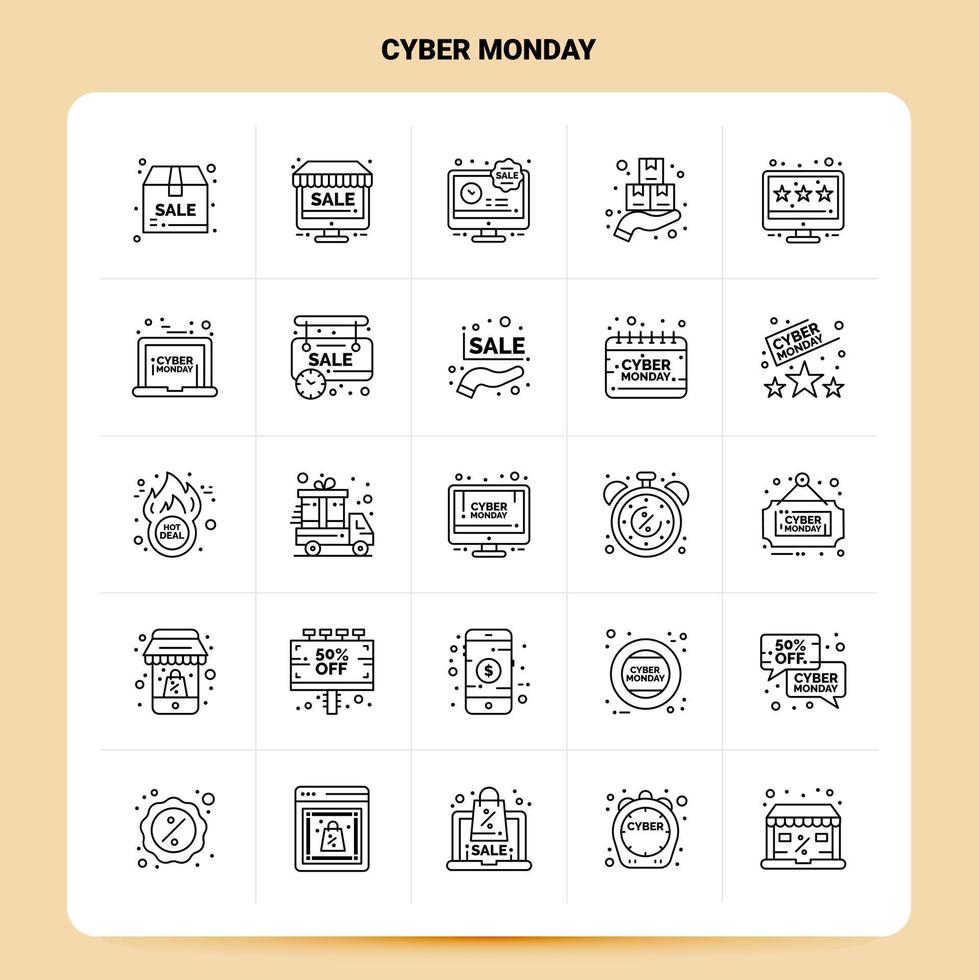 OutLine 25 Cyber Monday Icon set Vector Line Style Design Black Icons Set Linear pictogram pack Web and Mobile Business ideas design Vector Illustration
