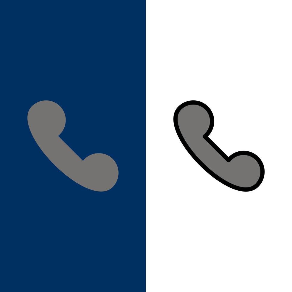 llame a los iconos de teléfono entrantes planos y llenos de línea conjunto de iconos vector fondo azul