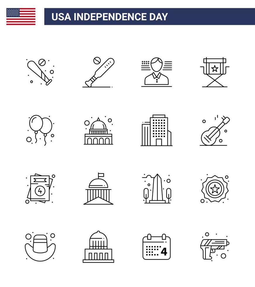 Editable Vector Line Pack of USA Day 16 Simple Lines of capitol day chair celebrate television Editable USA Day Vector Design Elements