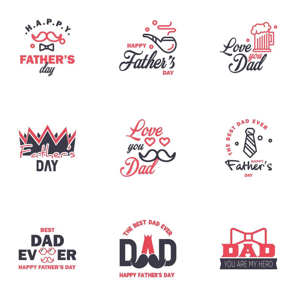 feliz día del padre saludo mano letras insignias 9 negro y rosa error tipográfico aislado en blanco plantilla de diseño de tipografía para cartel banner tarjeta de regalo camiseta impresión etiqueta pegatina estilo retro vintage vector