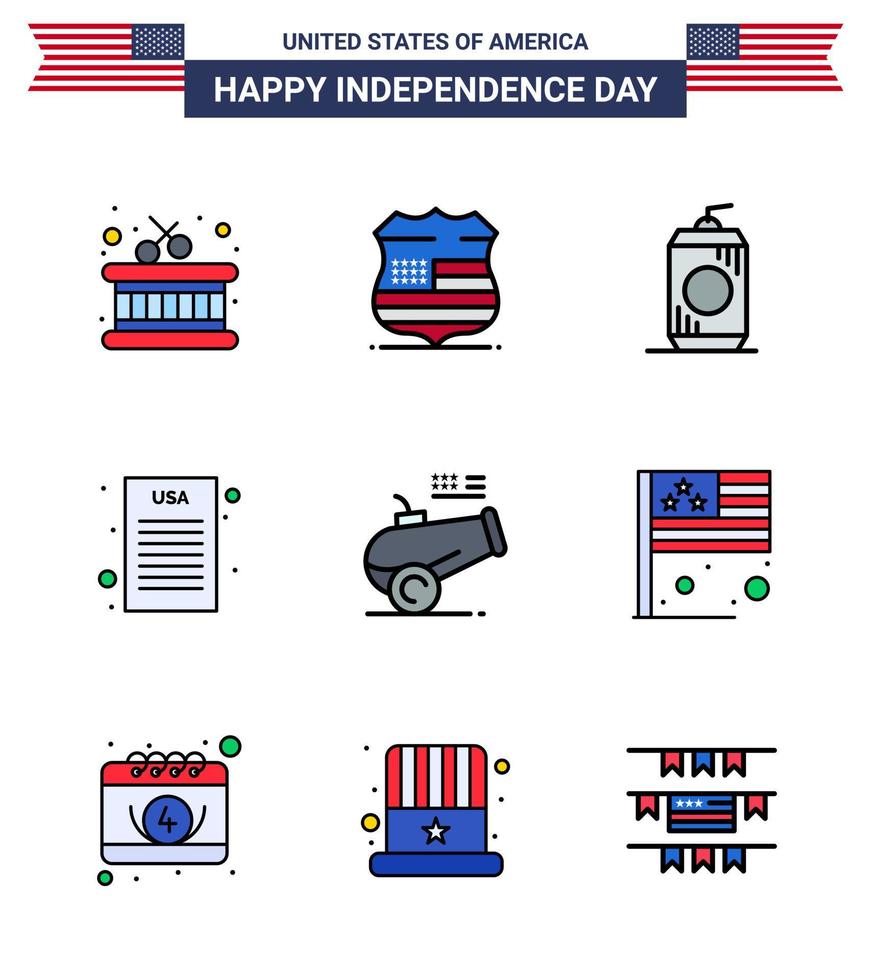 feliz día de la independencia 4 de julio conjunto de 9 líneas planas rellenas pictografía americana de cañón de mortero declaración de independencia de pistola grande de cola elementos de diseño de vector de día de estados unidos editables