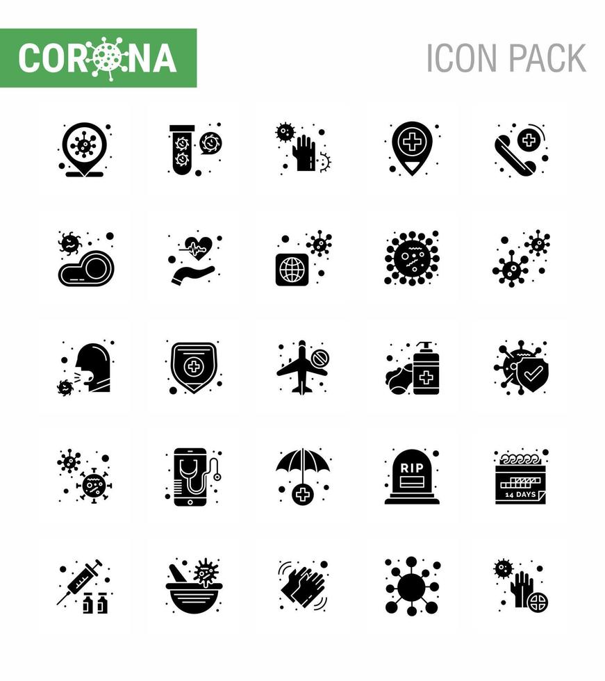 nuevo coronavirus 2019ncov 25 paquete de iconos de glifo sólido llamada ubicación virus hospital manos coronavirus viral 2019nov enfermedad vector elementos de diseño