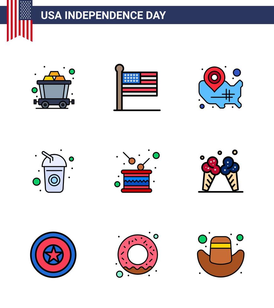Happy Independence Day 4th July Set of 9 Flat Filled Lines American Pictograph of drum soda states drink bottle Editable USA Day Vector Design Elements