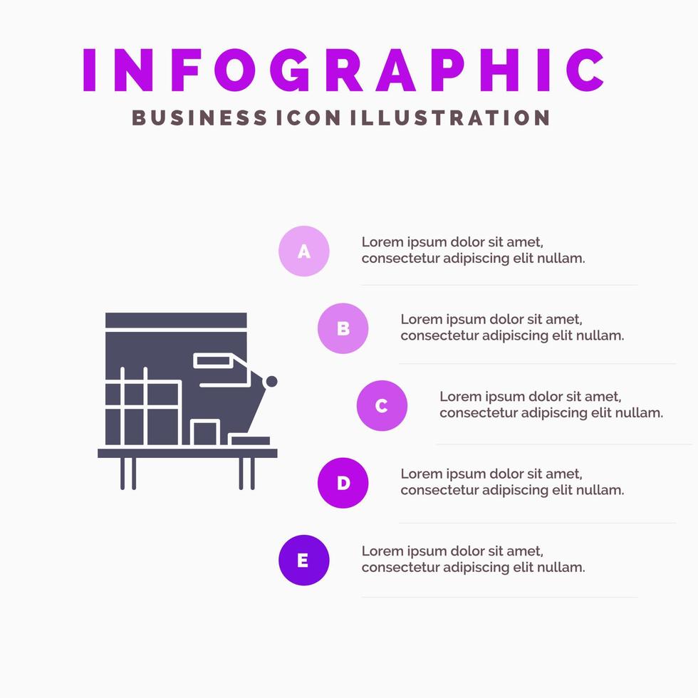 Workplace Desk Office Table Solid Icon Infographics 5 Steps Presentation Background vector