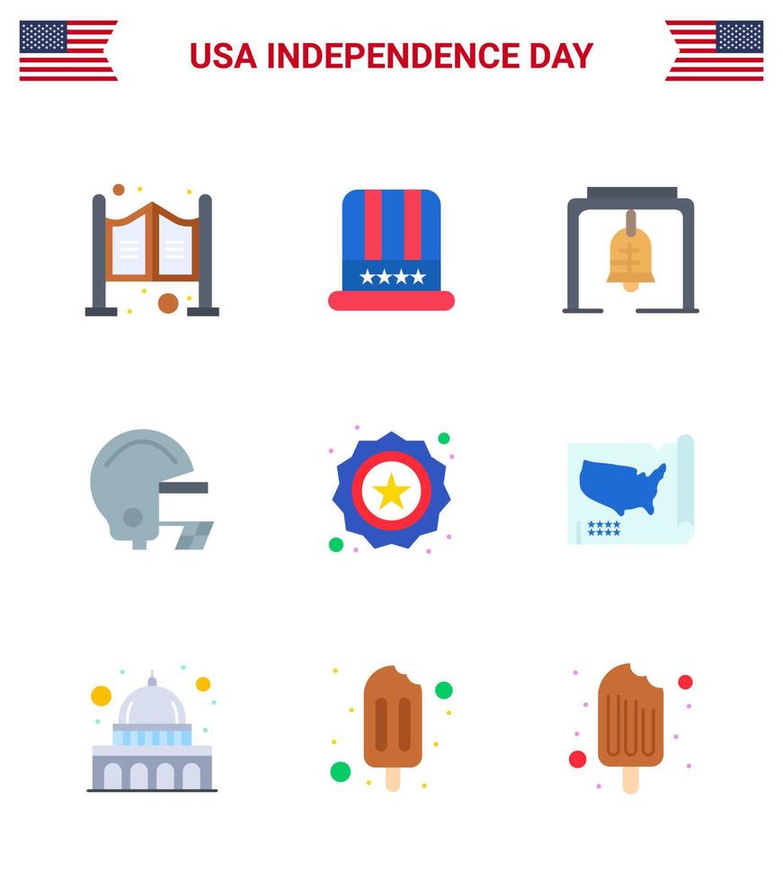 feliz día de la independencia 4 de julio conjunto de 9 pisos pictograma americano de insignia casco de alerta americano elementos de diseño de vector de día de estados unidos editables americanos