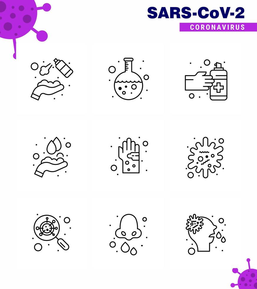 9 Line Corona Virus pandemic vector illustrations bacterial medical research hands spray viral coronavirus 2019nov disease Vector Design Elements