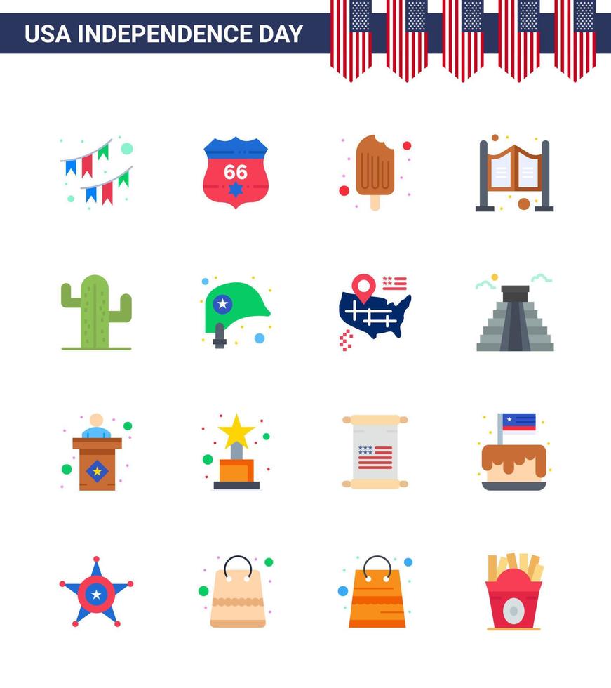 Pack of 16 creative USA Independence Day related Flats of cactus saloon security household ice cream Editable USA Day Vector Design Elements