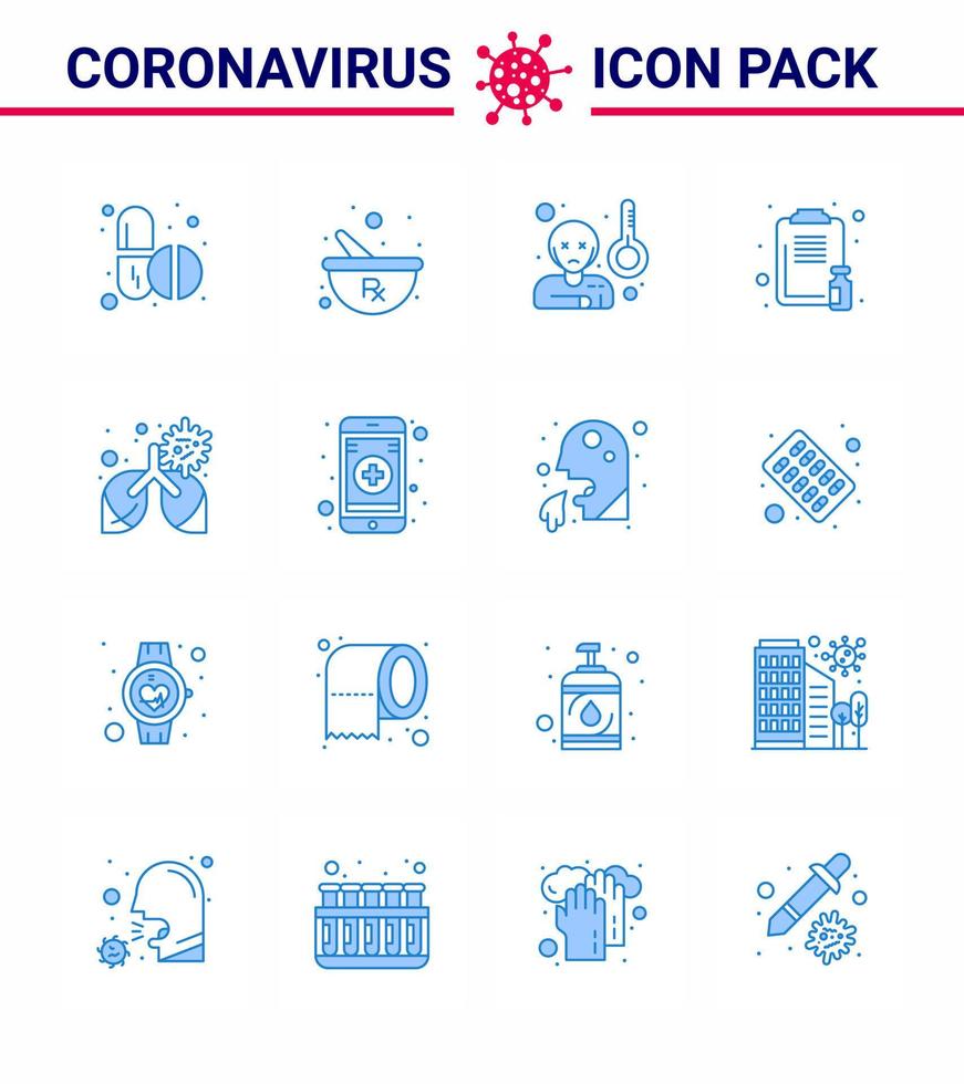 conjunto de iconos covid19 para infografía 16 paquete azul como informe de bronquitis fiebre portapapeles médico virus coronavirus 2019nov elementos de diseño de vectores de enfermedad