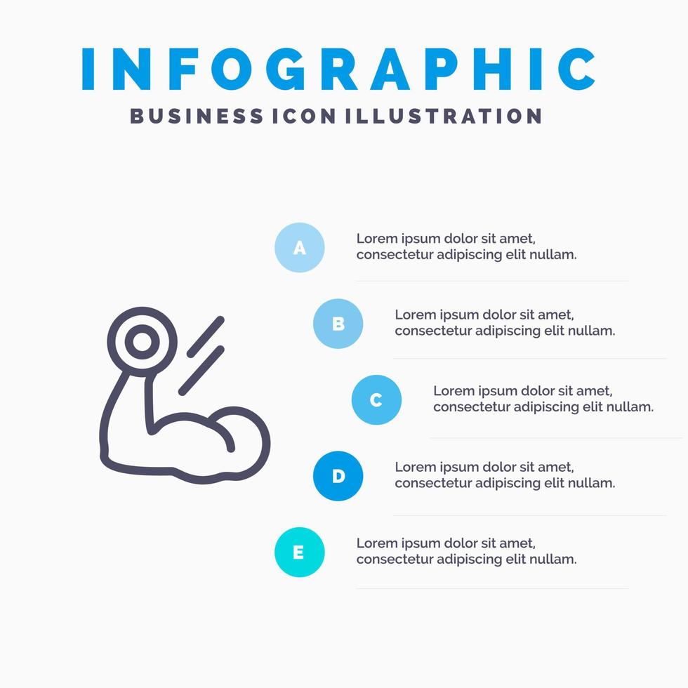 bíceps, culturismo, crecimiento, músculo, entrenamiento, línea, icono, con, 5 pasos, presentación, infografía, plano de fondo vector