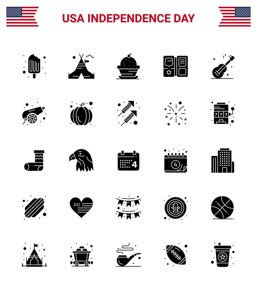 Happy Independence Day 25 Solid Glyph Icon Pack for Web and Print guiter american cake shield thanksgiving Editable USA Day Vector Design Elements