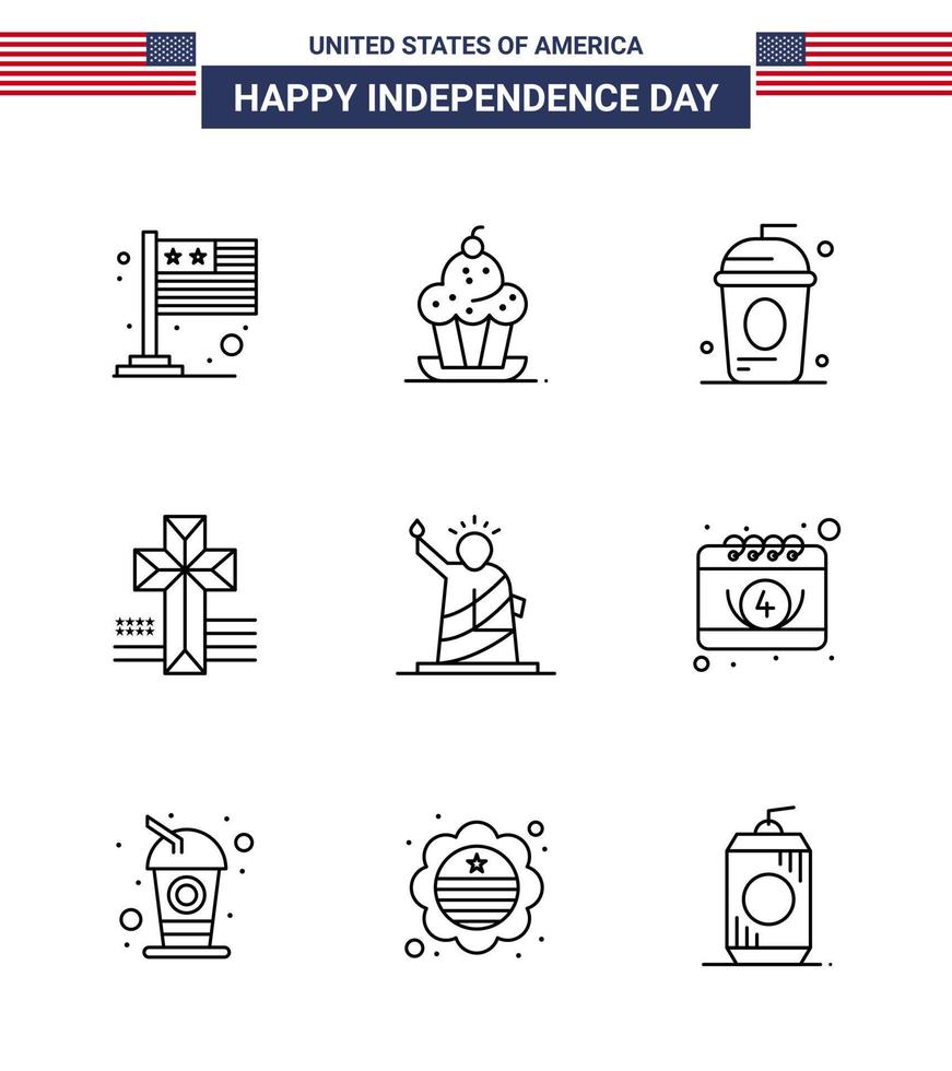 4th July USA Happy Independence Day Icon Symbols Group of 9 Modern Lines of landmarks cross thanksgiving american holiday Editable USA Day Vector Design Elements