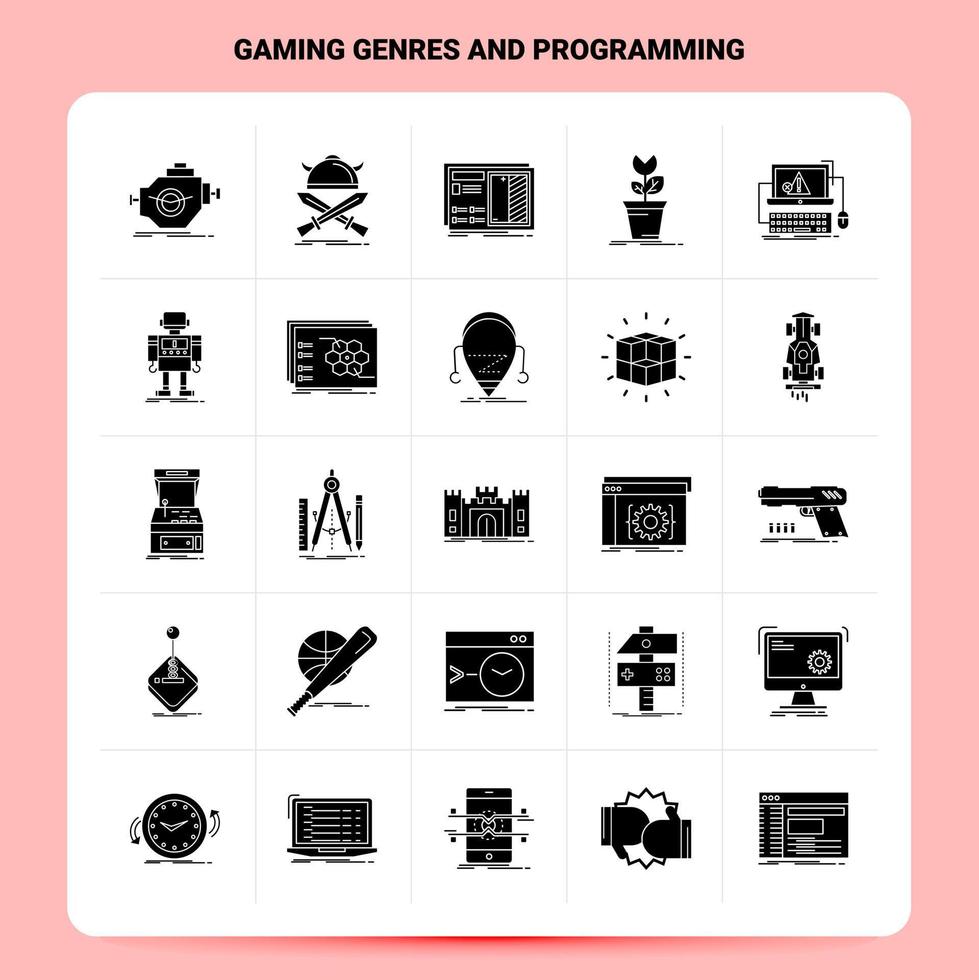Solid 25 Gaming Genres And Programming Icon set Vector Glyph Style Design Black Icons Set Web and Mobile Business ideas design Vector Illustration