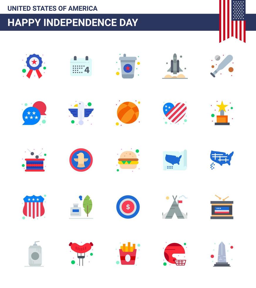 Pack of 25 creative USA Independence Day related Flats of bat usa beverage transport rocket Editable USA Day Vector Design Elements