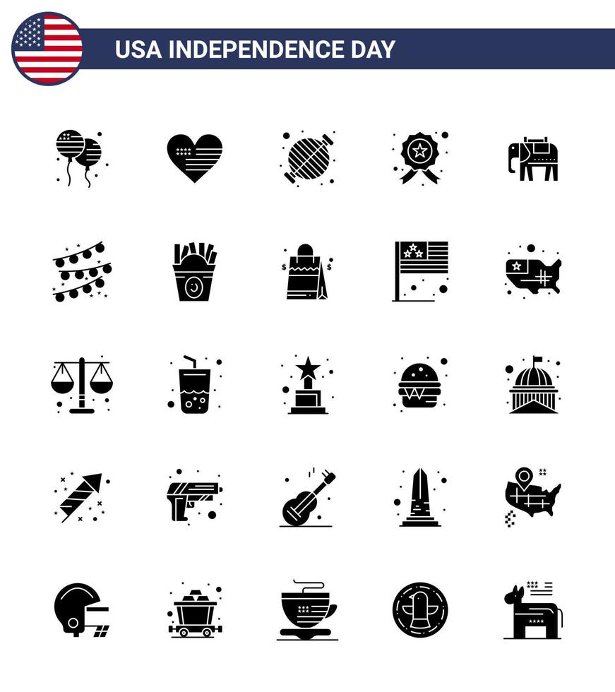 Set of 25 Vector Solid Glyph on 4th July USA Independence Day such as elephent star food investigating party Editable USA Day Vector Design Elements