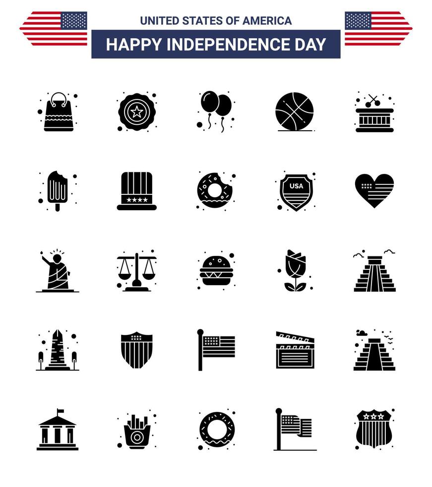 Happy Independence Day USA Pack of 25 Creative Solid Glyph of sticks drum celebrate usa ball Editable USA Day Vector Design Elements