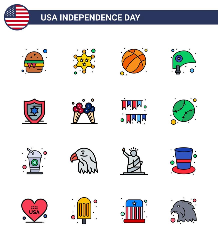 Editable Vector Line Pack of USA Day 16 Simple Flat Filled Lines of protection star american protection head Editable USA Day Vector Design Elements