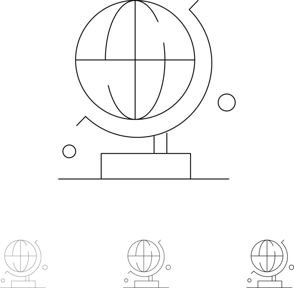 mundo globo ciencia audaz y delgada línea negra conjunto de iconos vector