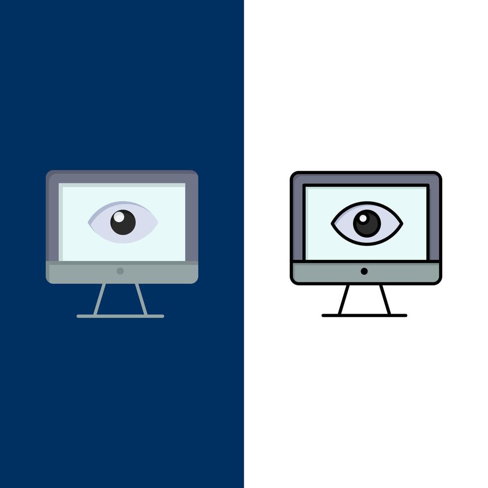 Monitor Online Privacy Surveillance Video Watch  Icons Flat and Line Filled Icon Set Vector Blue Background