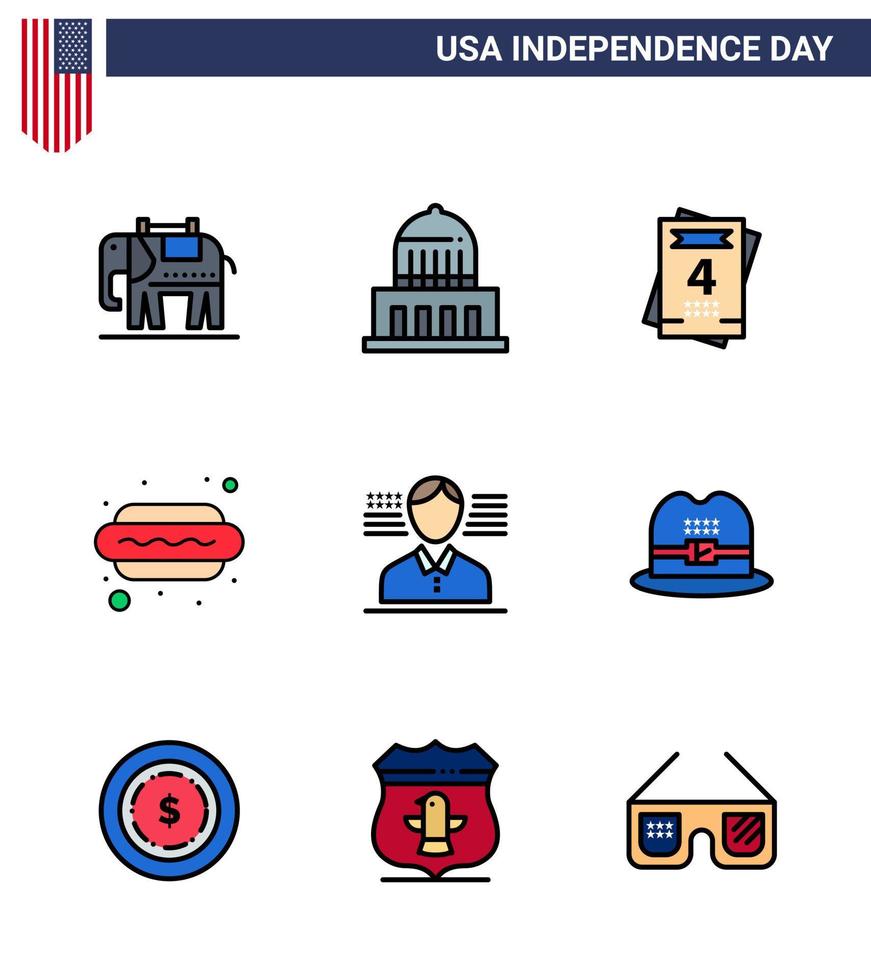 9 USA Flat Filled Line Pack of Independence Day Signs and Symbols of hat american love man food Editable USA Day Vector Design Elements