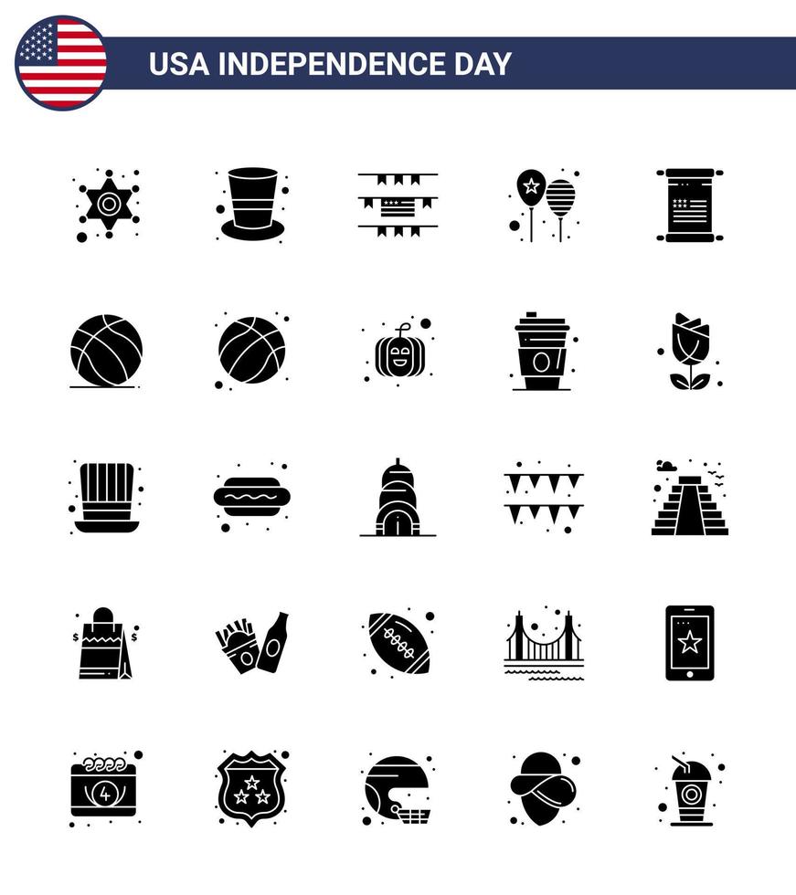 Pack of 25 USA Independence Day Celebration Solid Glyph Signs and 4th July Symbols such as text america flag buntings party celebrate Editable USA Day Vector Design Elements