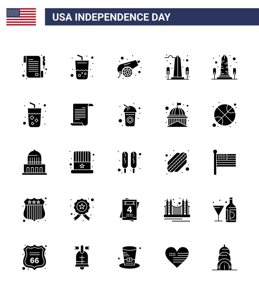 Stock Vector Icon Pack of American Day 25 Solid Glyph Signs and Symbols for drink washington canon usa monument Editable USA Day Vector Design Elements