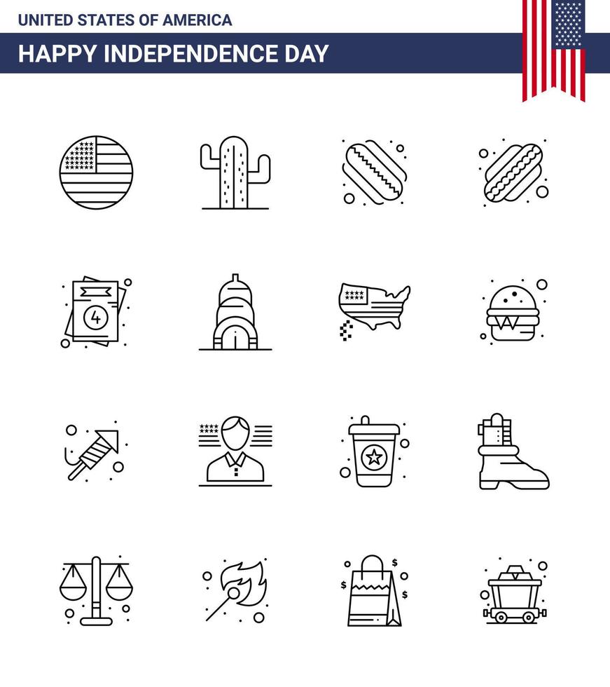 Modern Set of 16 Lines and symbols on USA Independence Day such as usa chrysler american wedding love Editable USA Day Vector Design Elements