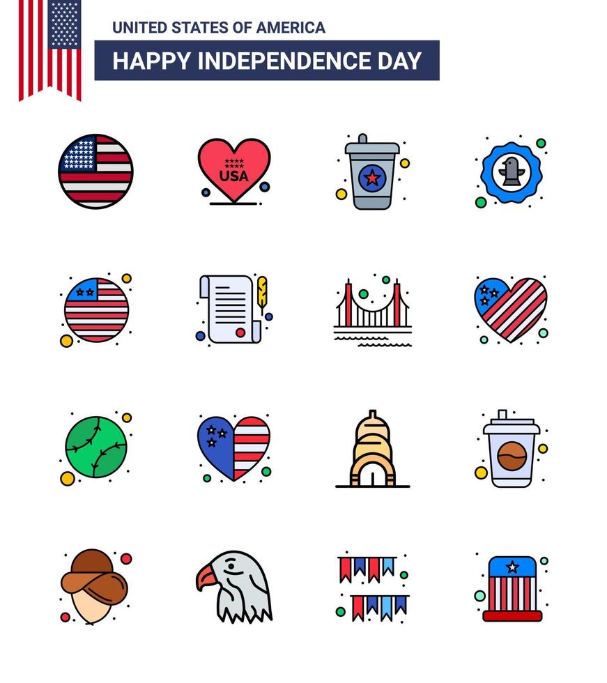 4th July USA Happy Independence Day Icon Symbols Group of 16 Modern Flat Filled Lines of flag badge beverage eagle bird Editable USA Day Vector Design Elements