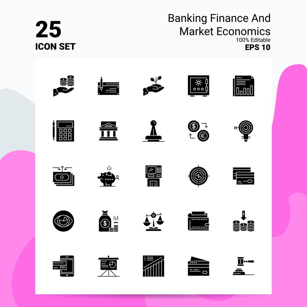 25 conjunto de iconos de economía de mercado y finanzas bancarias 100 archivos eps 10 editables ideas de concepto de logotipo de empresa diseño de icono de glifo sólido vector