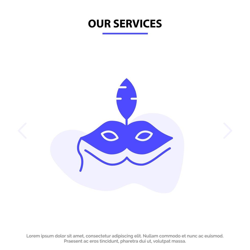 nuestros servicios máscara disfraz madrigales venecianos icono de glifo sólido plantilla de tarjeta web vector