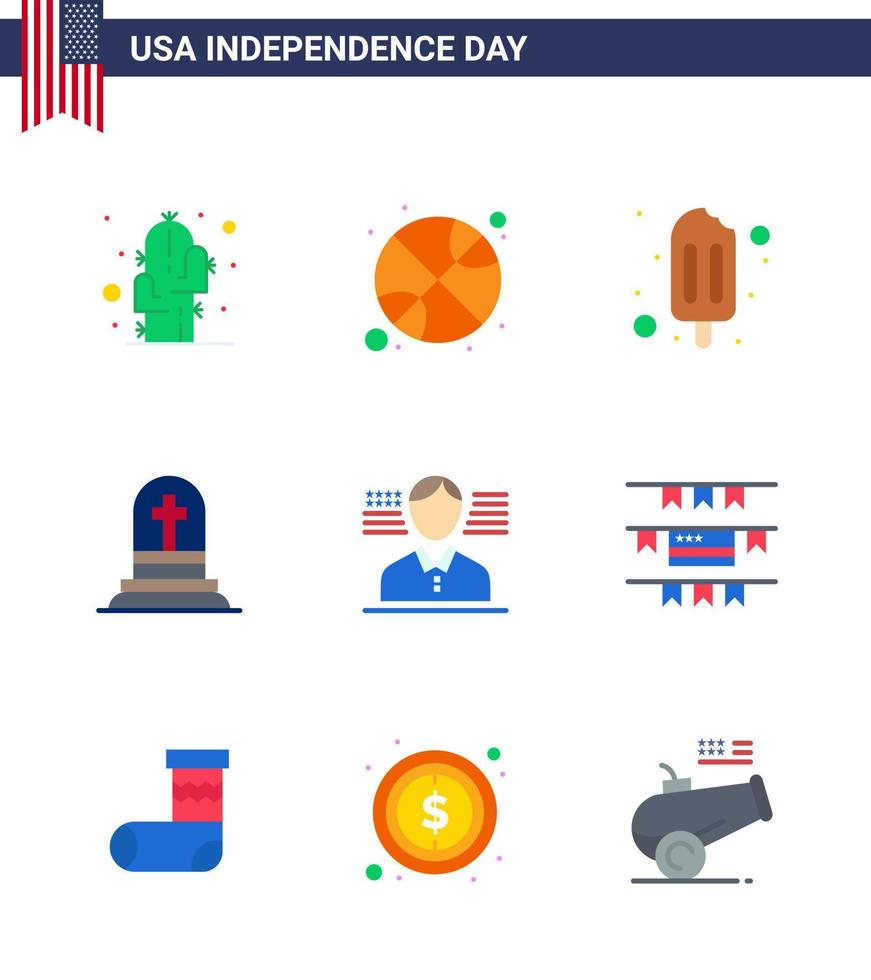 USA Independence Day Flat Set of 9 USA Pictograms of flag man ice cream rip grave Editable USA Day Vector Design Elements