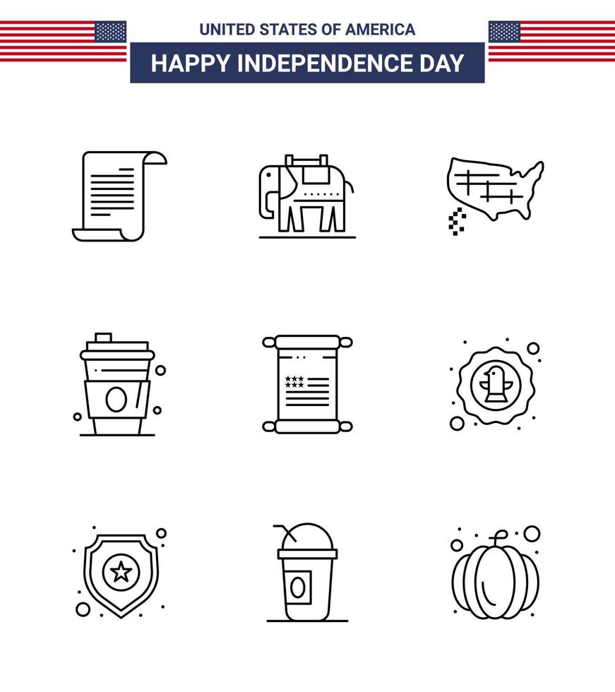 conjunto de 9 iconos del día de ee.uu. símbolos americanos signos del día de la independencia para estados de pergamino americano bebida de ee.uu. elementos de diseño de vector de día de ee.uu. editables