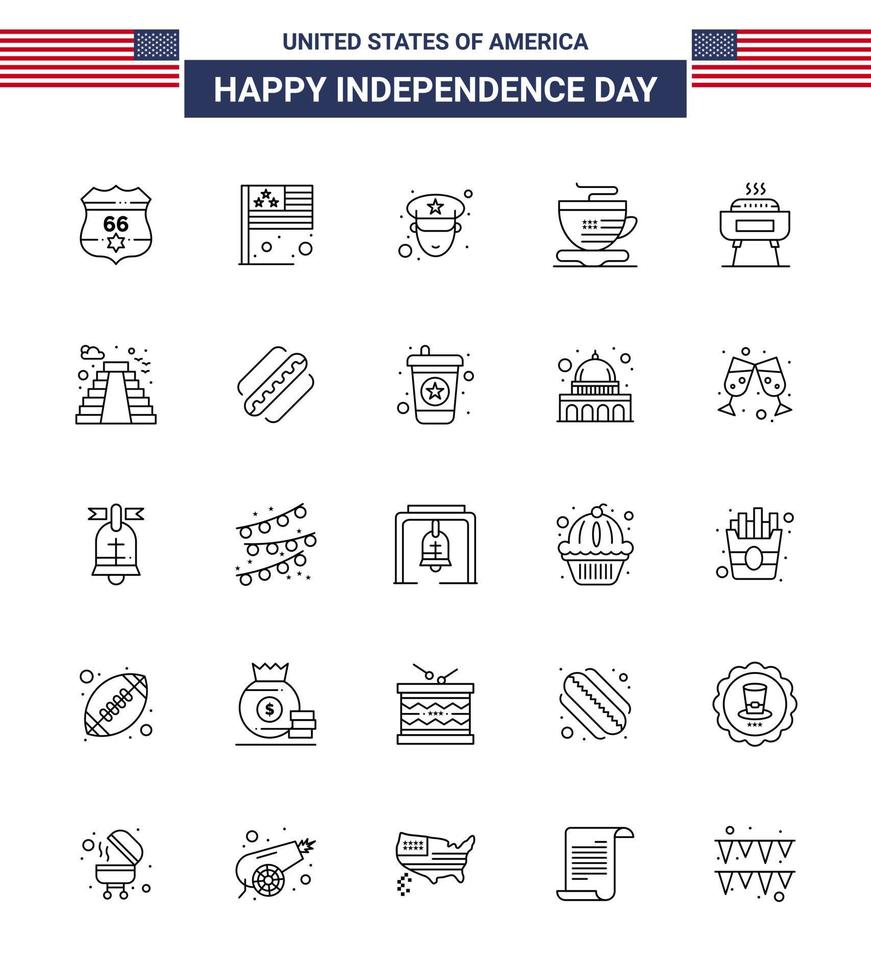 feliz día de la independencia paquete de iconos de 25 líneas para web e impresión vacaciones celebración hombre barbacoa taza editable usa día vector elementos de diseño