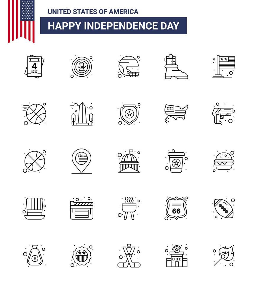 conjunto moderno de 25 líneas y símbolos en el día de la independencia de EE. UU., como los elementos de diseño vectorial del día de EE. UU. vector