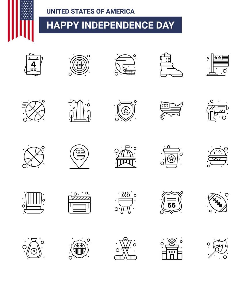 Modern Set of 25 Lines and symbols on USA Independence Day such as country boot american shose state Editable USA Day Vector Design Elements
