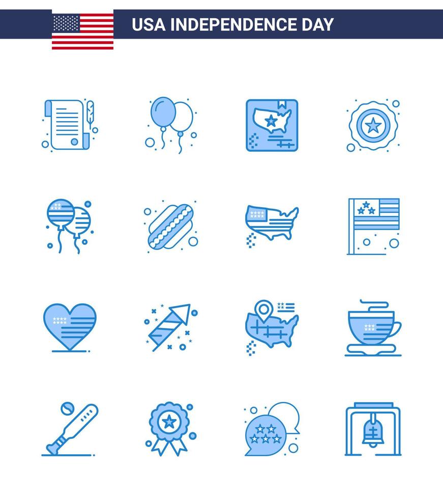 paquete de feliz día de la independencia de 16 signos y símbolos de blues para elementos de diseño de vector de día de estados unidos editables de estrella de bloon de bandera de bloons americanos