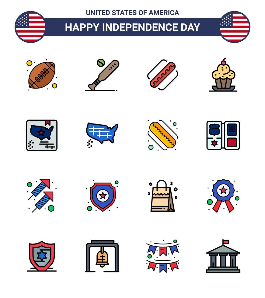 Set of 16 Vector Flat Filled Lines on 4th July USA Independence Day such as thanksgiving muffin usa dessert states Editable USA Day Vector Design Elements